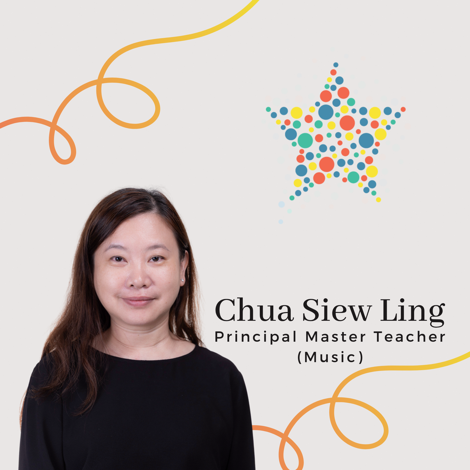 Profile photo of Chua Siew Ling, Principal Master Teacher (Music). A portrait of her with long dark hair, smiling gently at the camera and wearing a black top.